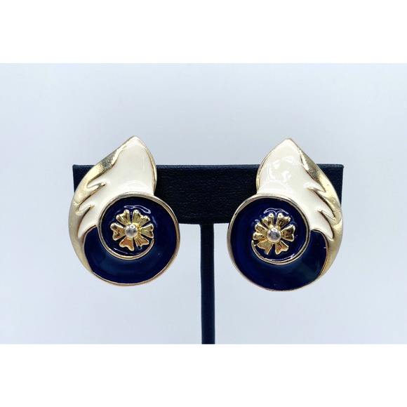 Unbranded Jewelry - Vintage Large Gold Tone Enamel Navy White Abstract Earrings Statement Heavy 80s